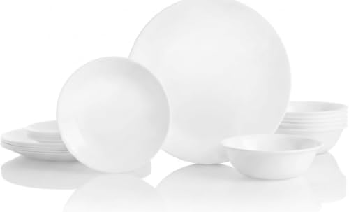 Corelle Vitrelle 18-Piece Service for 6 Dinnerware Set Triple Layer Glass and Chip Resistant, Lightweight Round Plates and Bowls Set, Winter Frost White|B00R790CLY