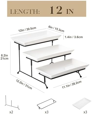 MALACASA 3 Tier Serving Trays for Party, Porcelain Serving Platters and Trays, 12 Inch Tiered Tray Stand, Fruit Tray, Trays for Serving Food, White Dessert Stand with Collapsible Sturdier Metal Rack | Tiered Serving Stand for Party, Fruit Tray, Trays for Serving Food, Dessert Stand with Collapsible Sturdier Metal Rack|B0D2V4XM3D