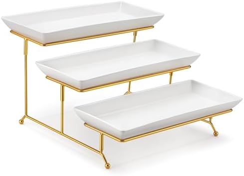 MALACASA 3 Tier Serving Trays for Party, Porcelain Serving Platters and Trays, 12 Inch Tiered Tray Stand, Fruit Tray, Trays for Serving Food, White Dessert Stand with Collapsible Sturdier Metal Rack | Tiered Serving Stand for Party, Fruit Tray, Trays for Serving Food, Dessert Stand with Collapsible Sturdier Metal Rack|B0D2V4XM3D