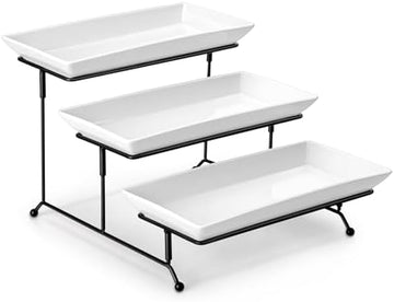 MALACASA 3 Tier Serving Trays for Party, Porcelain Serving Platters and Trays, 12 Inch Tiered Tray Stand, Fruit Tray, Trays for Serving Food, White Dessert Stand with Collapsible Sturdier Metal Rack | Tiered Serving Stand for Party, Fruit Tray, Trays for Serving Food, Dessert Stand with Collapsible Sturdier Metal Rack|B0D2V4XM3D