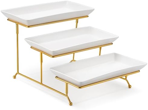 MALACASA 3 Tier Serving Trays for Party, Porcelain Serving Platters and Trays, 12 Inch Tiered Tray Stand, Fruit Tray, Trays for Serving Food, White Dessert Stand with Collapsible Sturdier Metal Rack | Tiered Serving Stand for Party, Fruit Tray, Trays for Serving Food, Dessert Stand with Collapsible Sturdier Metal Rack|B0D2V4XM3D