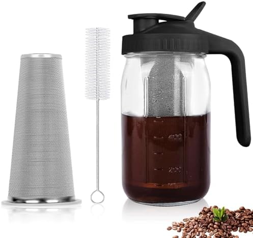 Cold Brew Coffee Maker, 64 oz Mason Jar Pitcher with Stainless Steel Filter, Pour Spout Handle Lid, Airtight & Leak-Proof for Iced Coffee,Tea & Lemonade|B0CGWS1M51