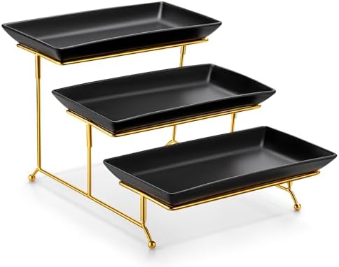MALACASA 3 Tier Serving Trays for Party, Porcelain Serving Platters and Trays, 12 Inch Tiered Tray Stand, Fruit Tray, Trays for Serving Food, White Dessert Stand with Collapsible Sturdier Metal Rack | Tiered Serving Stand for Party, Fruit Tray, Trays for Serving Food, Dessert Stand with Collapsible Sturdier Metal Rack|B0D2V4XM3D