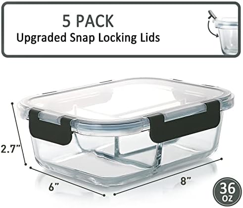 M MCIRCO 5 Pack,36 oz, 3 Compartments Glass Meal Prep Containers with Lids | Divided Glass Food Storage Containers, Portion Control Lunch Containers, Microwave, Oven, Freezer, Dishwasher, BPA Free, Gray|B07N2BPQC3
