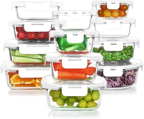24 Pieces Glass Food Storage Containers Set, Gray | Meal Prep Containers, BPA-Free, Airtight Glass Storage Containers with Lids,Freezer, Microwave and Oven Safe|B09QQGY1BW
