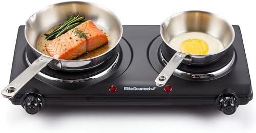 Elite Gourmet EDB-302BF# Double Cast Iron Burner, 1500W Hot Plate, Black | Adjustable temperature control, power indicator lights, easy-to-clean surface, countertop design|B09RX2WGD3