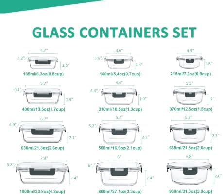 24 Pieces Glass Food Storage Containers Set, Gray | Meal Prep Containers, BPA-Free, Airtight Glass Storage Containers with Lids,Freezer, Microwave and Oven Safe|B09QQGY1BW