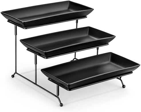 MALACASA 3 Tier Serving Trays for Party, Porcelain Serving Platters and Trays, 12 Inch Tiered Tray Stand, Fruit Tray, Trays for Serving Food, White Dessert Stand with Collapsible Sturdier Metal Rack | Tiered Serving Stand for Party, Fruit Tray, Trays for Serving Food, Dessert Stand with Collapsible Sturdier Metal Rack|B0D2V4XM3D