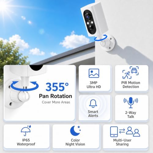 355° Pan Rotate Cameras 2 Pack, 2K Video, Security Cameras Wireless Outdoor | Motion Detect & Record & Alert, SD/Cloud Storage, Color Night Vision, 2-Way Talk, 2.4G WiFi, IP65 Waterproof, Indoor& Outdoor|B0H36KRKPH