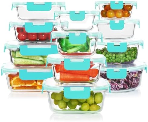 24 Pieces Glass Food Storage Containers Set, Gray | Meal Prep Containers, BPA-Free, Airtight Glass Storage Containers with Lids,Freezer, Microwave and Oven Safe|B09QQGY1BW