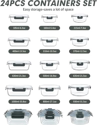 VERONES 12 Packs Glass Food Storage Containers Set with Lids, Grey | Airtight Glass Lunch Containers, Glass Meal Prep Containers with Lids, for Microwave, Oven, Freezer & Dishwasher Friendly|B0BZS66X6R