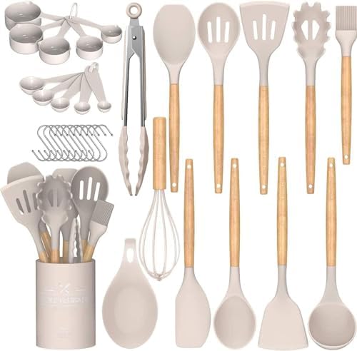 Umite Chef Kitchen Cooking Utensils Set, 33 pcs Non-Stick Silicone Cooking Kitchen Utensils Spatula Set with Holder, Wooden Handle Silicone Kitchen Gadgets Utensil Set (Khaki)|B08573DQ39
