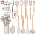 Umite Chef Kitchen Cooking Utensils Set, 33 pcs Non-Stick Silicone Cooking Kitchen Utensils Spatula Set with Holder, Wooden Handle Silicone Kitchen Gadgets Utensil Set (Khaki)|B08573DQ39