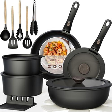 Astercook 21 Pcs Pots and Pans Set Non Stick, Ceramic Cookware Set Detachable Handle, RV Kitchen Cooking Set Removable Handles, Oven Safe, Induction Ready, Stackable, Black, Fathers Day Gift for Men|B0F2937DQQ