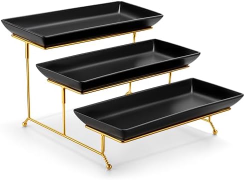 MALACASA 3 Tier Serving Trays for Party, Porcelain Serving Platters and Trays, 12 Inch Tiered Tray Stand, Fruit Tray, Trays for Serving Food, White Dessert Stand with Collapsible Sturdier Metal Rack | Tiered Serving Stand for Party, Fruit Tray, Trays for Serving Food, Dessert Stand with Collapsible Sturdier Metal Rack|B0D2V4XM3D