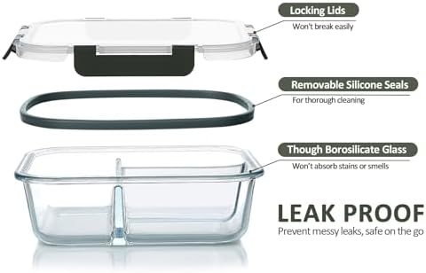 M MCIRCO 5 Pack,36 oz, 3 Compartments Glass Meal Prep Containers with Lids | Divided Glass Food Storage Containers, Portion Control Lunch Containers, Microwave, Oven, Freezer, Dishwasher, BPA Free, Gray|B07N2BPQC3