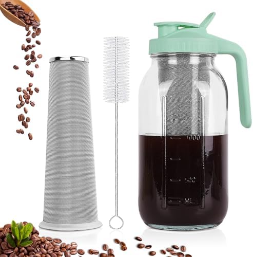 Cold Brew Coffee Maker, 64 oz Mason Jar Pitcher with Stainless Steel Filter, Pour Spout Handle Lid, Airtight & Leak-Proof for Iced Coffee,Tea & Lemonade|B0CGWS1M51