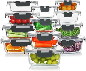 24 Pieces Glass Food Storage Containers Set, Gray | Meal Prep Containers, BPA-Free, Airtight Glass Storage Containers with Lids,Freezer, Microwave and Oven Safe|B09QQGY1BW