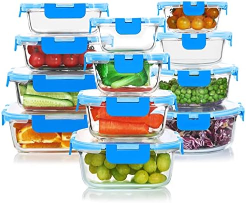 24 Pieces Glass Food Storage Containers Set, Gray | Meal Prep Containers, BPA-Free, Airtight Glass Storage Containers with Lids,Freezer, Microwave and Oven Safe|B09QQGY1BW