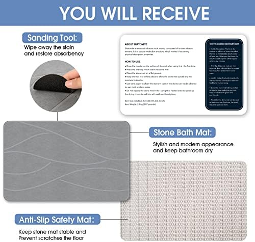 VEELOIM Stone Bath Mat Diatomaceous Earth Shower Mat Non-Slip Super Absorbent Diatomite Stone Bath Mats for Bathroom Floor Quick Drying Natural Easy to Clean(23.6''×15.4" Gray)|B0DZ27WFKQ