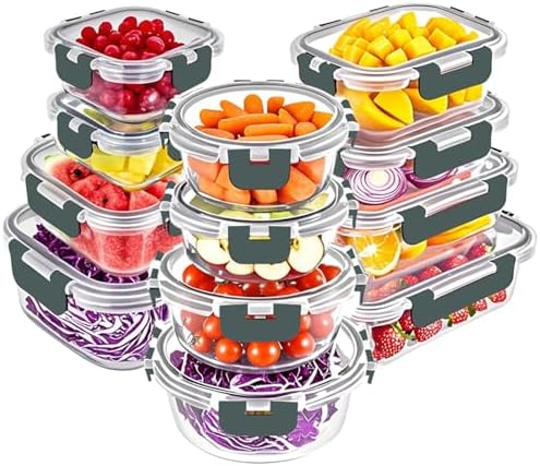 VERONES 12 Packs Glass Food Storage Containers Set with Lids, Grey | Airtight Glass Lunch Containers, Glass Meal Prep Containers with Lids, for Microwave, Oven, Freezer & Dishwasher Friendly|B0BZS66X6R