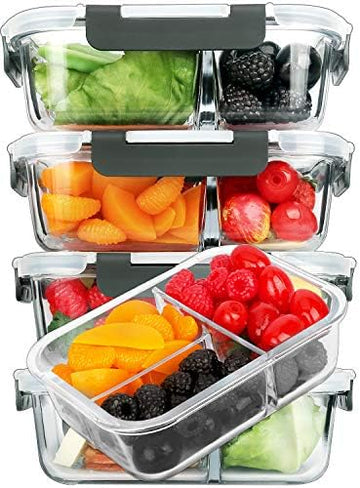 M MCIRCO 5 Pack,36 oz, 3 Compartments Glass Meal Prep Containers with Lids | Divided Glass Food Storage Containers, Portion Control Lunch Containers, Microwave, Oven, Freezer, Dishwasher, BPA Free, Gray|B07N2BPQC3