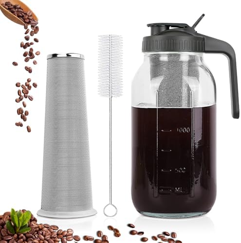 Cold Brew Coffee Maker, 64 oz Mason Jar Pitcher with Stainless Steel Filter, Pour Spout Handle Lid, Airtight & Leak-Proof for Iced Coffee,Tea & Lemonade|B0CGWS1M51