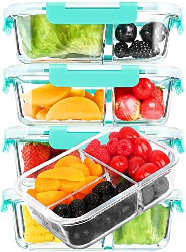 M MCIRCO 5 Pack,36 oz, 3 Compartments Glass Meal Prep Containers with Lids | Divided Glass Food Storage Containers, Portion Control Lunch Containers, Microwave, Oven, Freezer, Dishwasher, BPA Free, Gray|B07N2BPQC3
