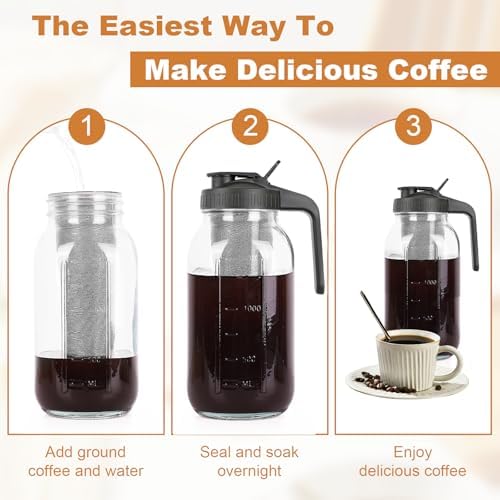 Cold Brew Coffee Maker, 64 oz Mason Jar Pitcher with Stainless Steel Filter, Pour Spout Handle Lid, Airtight & Leak-Proof for Iced Coffee,Tea & Lemonade|B0CGWS1M51