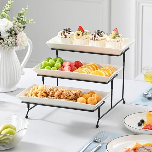 MALACASA 3 Tier Serving Trays for Party, Porcelain Serving Platters and Trays, 12 Inch Tiered Tray Stand, Fruit Tray, Trays for Serving Food, White Dessert Stand with Collapsible Sturdier Metal Rack | Tiered Serving Stand for Party, Fruit Tray, Trays for Serving Food, Dessert Stand with Collapsible Sturdier Metal Rack|B0D2V4XM3D