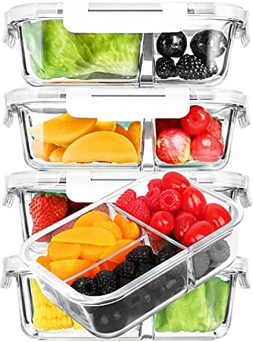 M MCIRCO 5 Pack,36 oz, 3 Compartments Glass Meal Prep Containers with Lids | Divided Glass Food Storage Containers, Portion Control Lunch Containers, Microwave, Oven, Freezer, Dishwasher, BPA Free, Gray|B07N2BPQC3