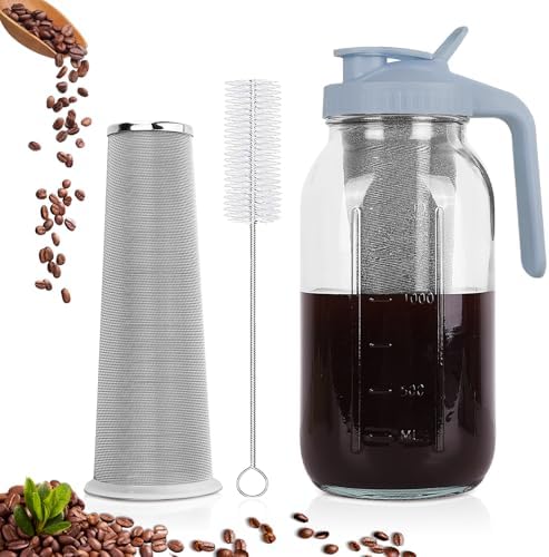 Cold Brew Coffee Maker, 64 oz Mason Jar Pitcher with Stainless Steel Filter, Pour Spout Handle Lid, Airtight & Leak-Proof for Iced Coffee,Tea & Lemonade|B0CGWS1M51