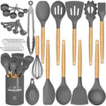 Umite Chef Kitchen Cooking Utensils Set, 33 pcs Non-Stick Silicone Cooking Kitchen Utensils Spatula Set with Holder, Wooden Handle Silicone Kitchen Gadgets Utensil Set (Khaki)|B08573DQ39