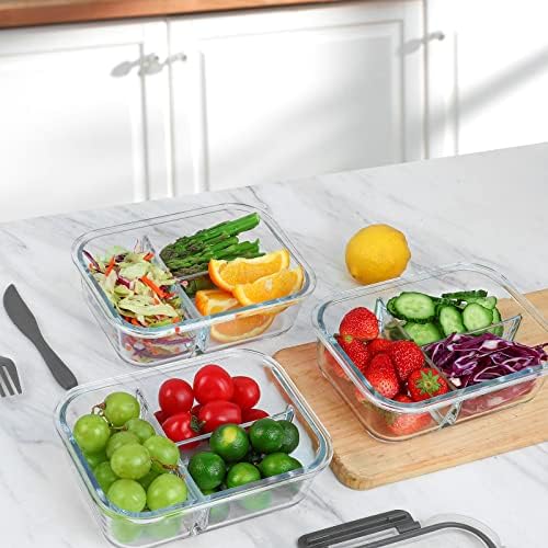 M MCIRCO 5 Pack,36 oz, 3 Compartments Glass Meal Prep Containers with Lids | Divided Glass Food Storage Containers, Portion Control Lunch Containers, Microwave, Oven, Freezer, Dishwasher, BPA Free, Gray|B07N2BPQC3