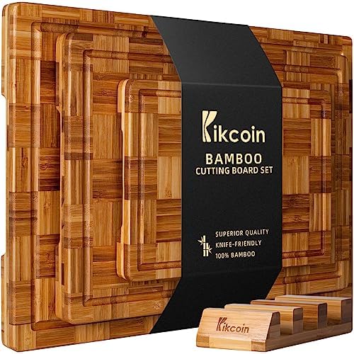 Kikcoin Extra Large Bamboo Cutting Boards, (Set of 3) Chopping Boards with Juice Groove Bamboo Wood Cutting Board Set Butcher Block for Kitchen, End Grain Serving Tray|B089W55YNJ