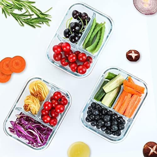 M MCIRCO 5 Pack,36 oz, 3 Compartments Glass Meal Prep Containers with Lids | Divided Glass Food Storage Containers, Portion Control Lunch Containers, Microwave, Oven, Freezer, Dishwasher, BPA Free, Gray|B07N2BPQC3