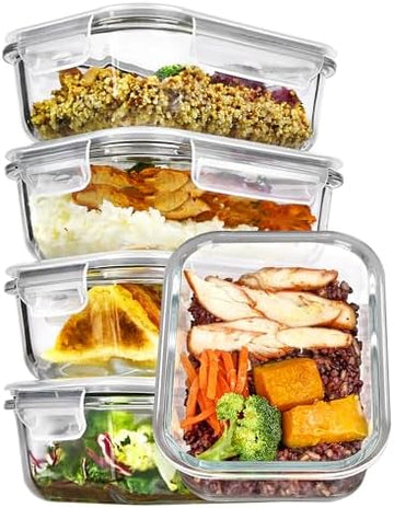 Vtopmart 5Pack 22oz Glass Storage Containers with Lids, Grey | Glass Meal Prep Food Container Sets, Snap Airtight Lid, For Microwave, Oven, Freezer and Dishwasher, BPA Free|B0D7P6XKNP