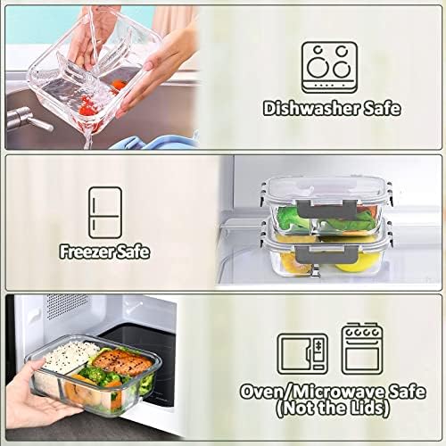 M MCIRCO 5 Pack,36 oz, 3 Compartments Glass Meal Prep Containers with Lids | Divided Glass Food Storage Containers, Portion Control Lunch Containers, Microwave, Oven, Freezer, Dishwasher, BPA Free, Gray|B07N2BPQC3