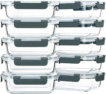 M MCIRCO 10 Pack,22 oz Glass Food Storage Containers with lids, Gray | Glass Meal Prep Containers,Airtight Lunch Containers with Lids, Microwave, Oven, Freezer and Dishwasher Friendly, BPA Free|B07HRRV96C