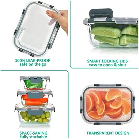 24 Pieces Glass Food Storage Containers Set, Gray | Meal Prep Containers, BPA-Free, Airtight Glass Storage Containers with Lids,Freezer, Microwave and Oven Safe|B09QQGY1BW