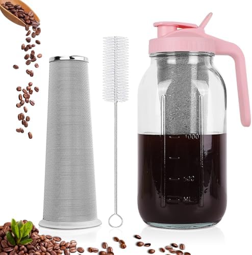 Cold Brew Coffee Maker, 64 oz Mason Jar Pitcher with Stainless Steel Filter, Pour Spout Handle Lid, Airtight & Leak-Proof for Iced Coffee,Tea & Lemonade|B0CGWS1M51
